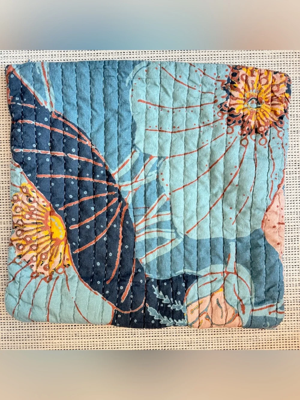 West Elm Blue Floral Cotton & Linen Quilted Pillow Cover 18